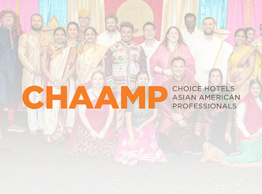 CHAAMP logo and a group of people celebrating a holiday in colorful traditional Asian clothing